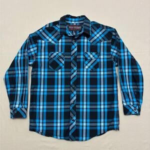 Rock & Roll Cowboy Blue and Black Plaid Pearl Snap Shirt Boys Size Large